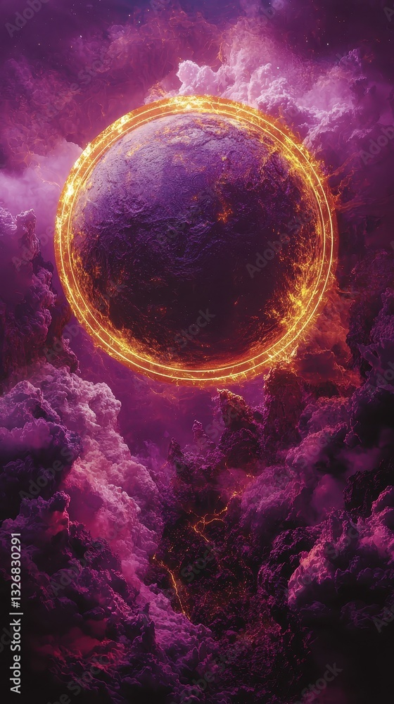 Poster artistic representation of an alien planet with a golden of fire in the middle surrounded by dark co