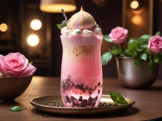 Bandung Drink with ice cream. A tall glass of thick, pink bandung drink topped with melting vanilla ice cream, Layers of rose syrup and basil seeds appear translucent under bright led lighting