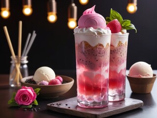 Bandung Drink with ice cream. A tall glass of thick, pink bandung drink topped with melting vanilla ice cream, Layers of rose syrup and basil seeds appear translucent under bright led lighting