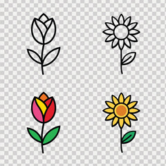 Simple Flower Icons Set: Line Art and Color Variations