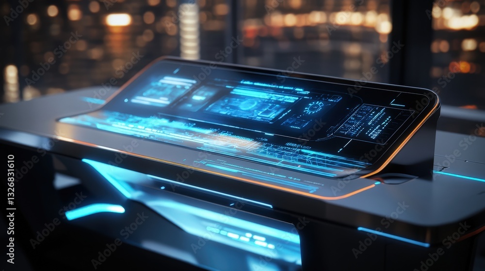 Poster a hyper-realistic 3d render of a futuristic smart desk with holographic interface