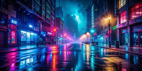 Empty Wet Street at Night, Neon Lights, Fog - Rule of Thirds Composition