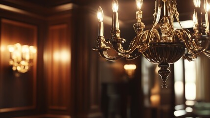 Luxurious Chandelier in a Dark Wood Room with Warm Lighting and Cinematic Realism