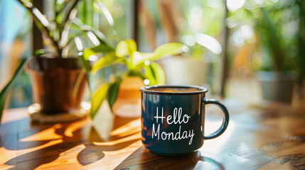 hello monday coffee cup stand on table