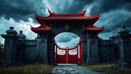 Epic red gate under stormy fantasy skies