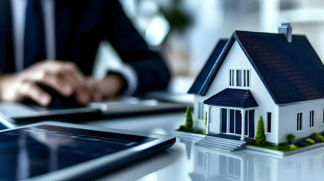 A miniature house model and paperwork are displayed in the office