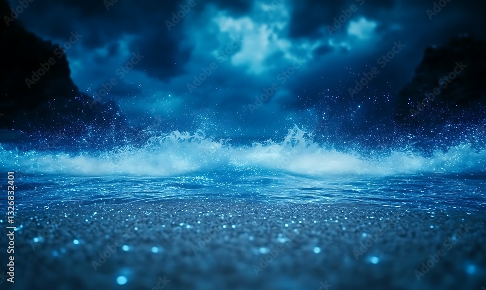 Poster Mysterious ocean scene with waves splashing under a dark, cloudy sky.