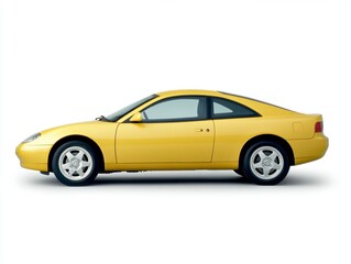 Side profile of a yellow two door coupe against a white background. The car is sleek and modern in design.