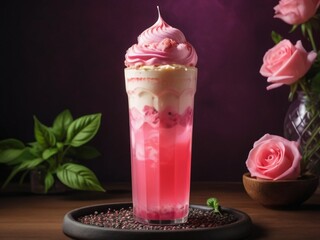 Bandung Drink with ice cream. A tall glass of thick, pink bandung drink topped with melting vanilla ice cream, Layers of rose syrup and basil seeds appear translucent under bright led lighting