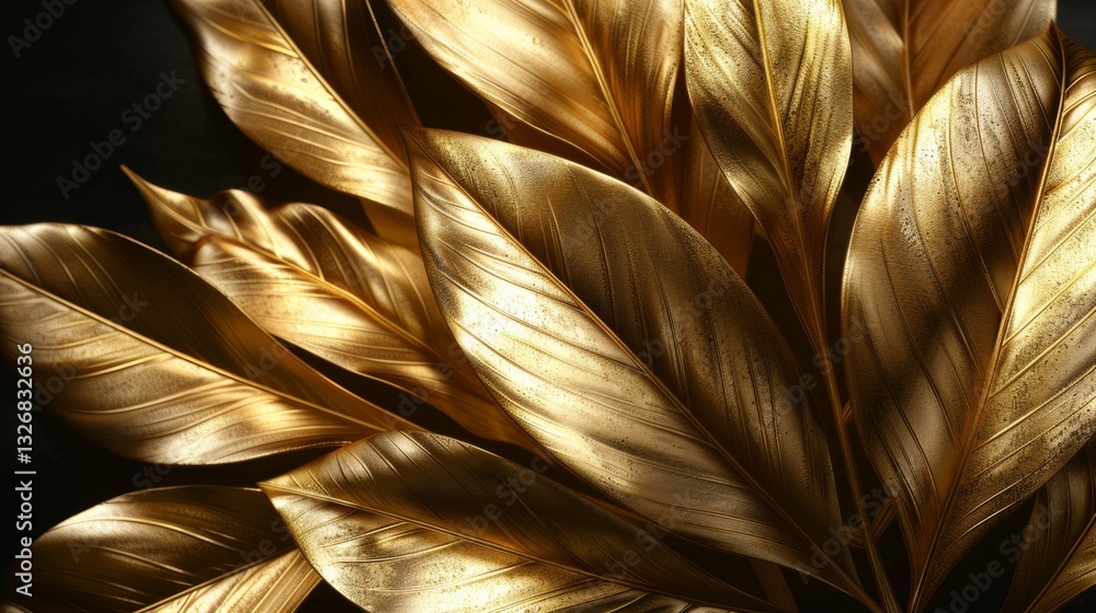 Poster luxurious metallic gold botanical leaves on black background with empty space for text in 3d illustr