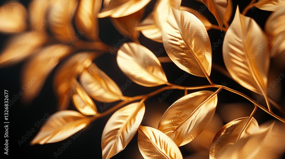 Poster luxurious metallic gold botanical leaves on black background with empty space for text in 3d illustr