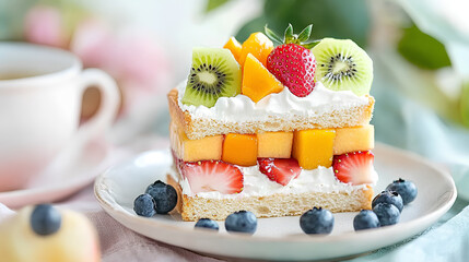 Colorful Fruit Cream Sandwich with Strawberries Mango Kiwi and Blueberries in Café Style  
