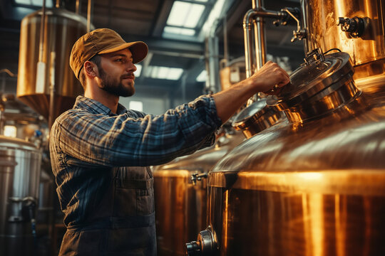 Brewer working in brewery checking beer fermentation process in tanks