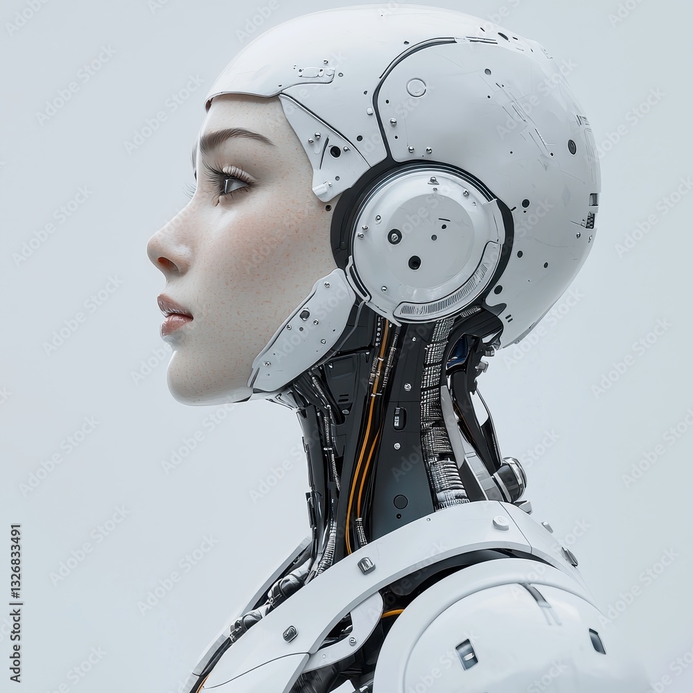 Poster futuristic concept of a businesswoman with a robot head representing automation and technological ad