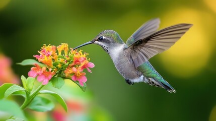 Vibrant Hummingbird Feeding on Colorful Blossom with Soft Background