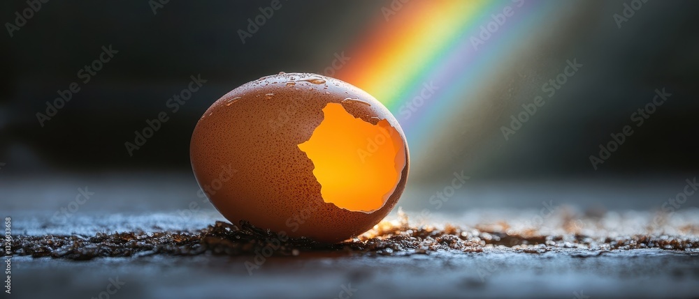 Poster broken egg shell with soft glow and rainbow light reflection in background
