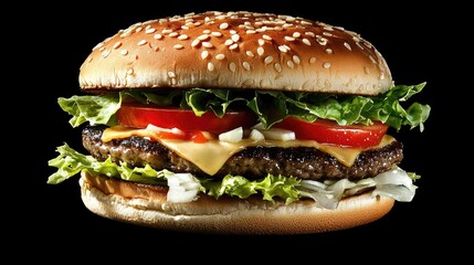 A perfectly grilled burger with lettuce, tomato, and melted cheese, ready to eat.