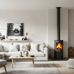 White corner sofa near fireplace. Scandinavian home interior design of modern living room