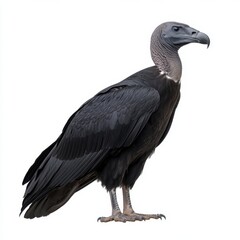 Obraz premium Black vulture standing against a white background. The bird is predominantly black with gray detailing on its neck and legs.