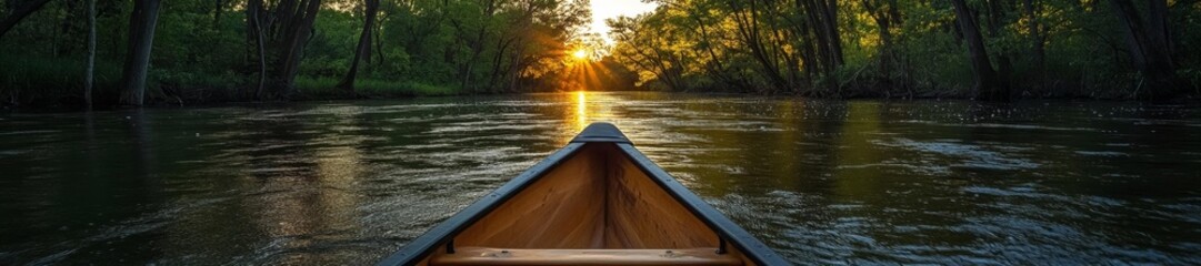 Fototapeta premium Scenic Canoe Ride Along a Peaceful River Surrounded by Lush Trees. Generative AI