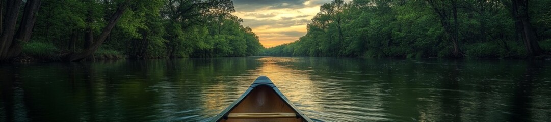 A Scenic Canoe Ride Down a Winding River Surrounded by Tall Lush Trees. Generative AI