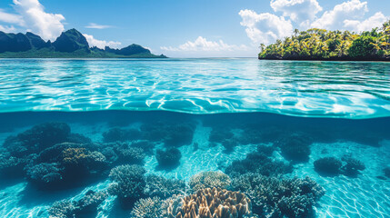 Fototapeta premium A beautiful blue ocean with a green island in the background