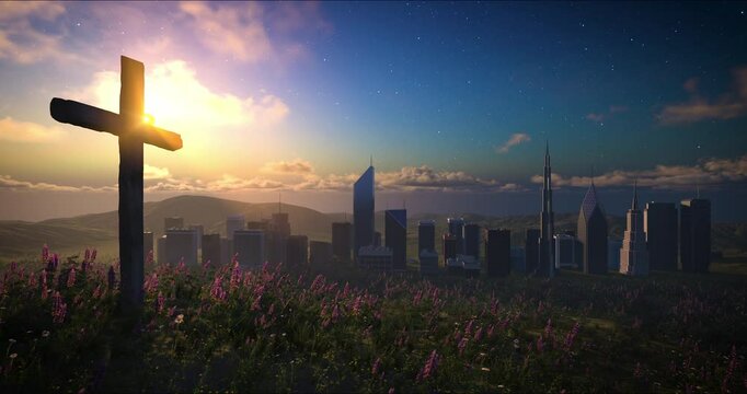 Big wooden cross on a flowering hill in front of the city with moving clouds on blue starry sky. Easter, resurrection, new life, redemption concept. 4k