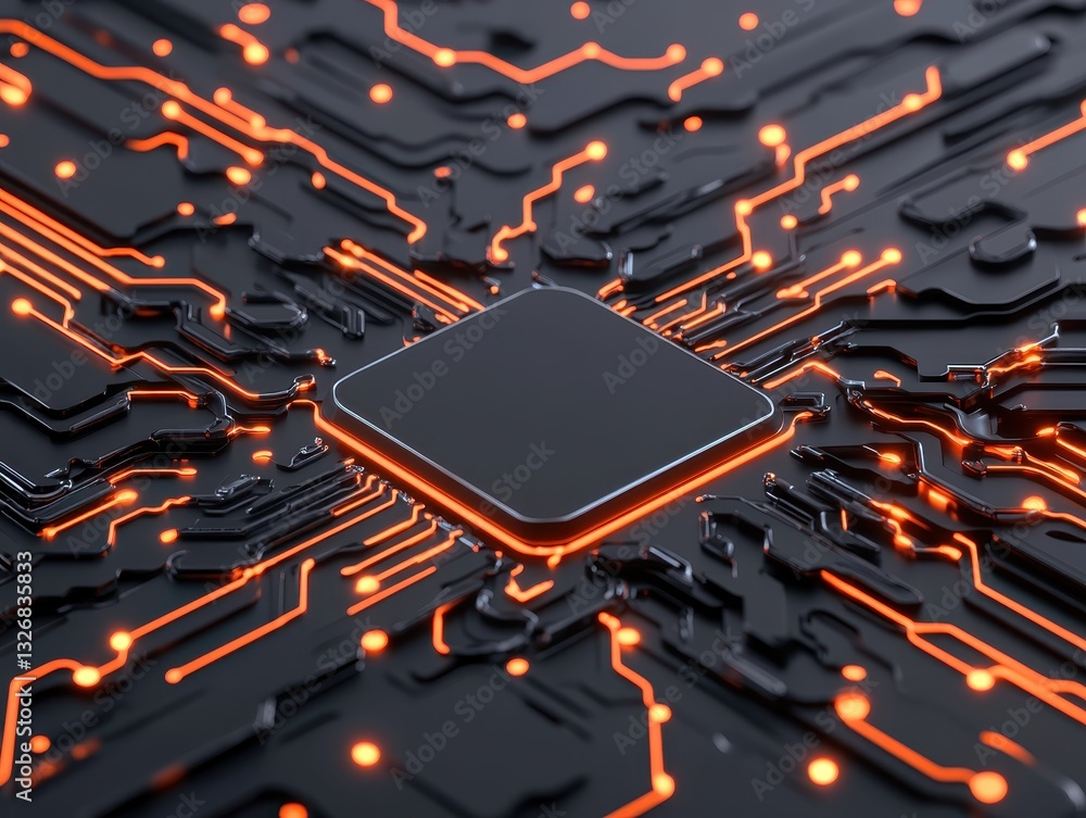 Poster close-up of a microchip on a circuit board with glowing orange lines, showcasing technology