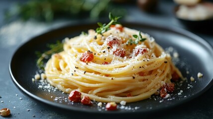 Delicious Plate of Spaghetti with Fresh Herbs and Grated Cheese