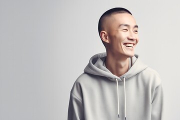 Fototapeta premium Joyful Skinny Asian Man with a Buzz Cut Standing Confidently Against a White Background