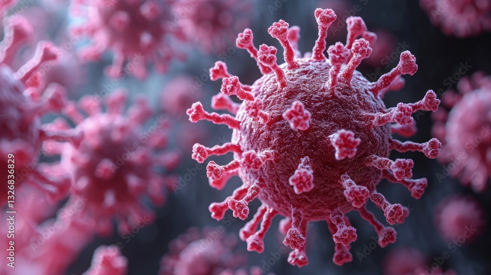 Poster microscopic view of coronavirus sarscov virus under a microscope with clean lines and high magnifica