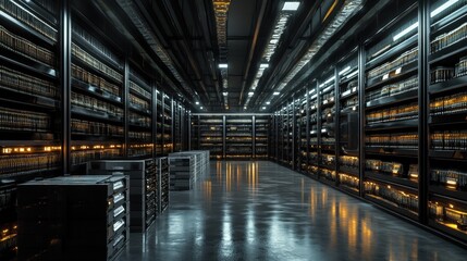 Obraz premium A massive underground AI archive where robots store and retrieve ancient human knowledge