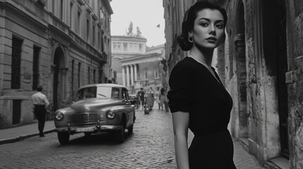 Elegant Woman in Black Dress Posing on Cobblestone Street in Italy during the 1950s