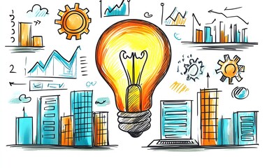 Business concept handdrawn illustration with a central light bulb, buildings, and various business icons such as charts, gears, and laptops, set on a white background