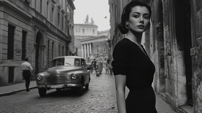 Fototapeta Elegant Woman in Black Dress Posing on Cobblestone Street in Italy during the 1950s