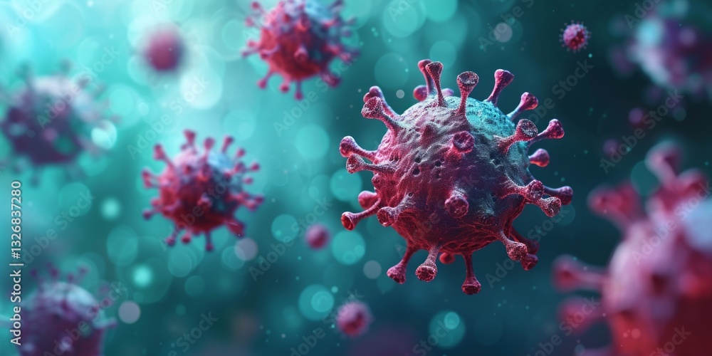 Poster microscopic view of floating virus cells in a dark background with clean lines and realistic details