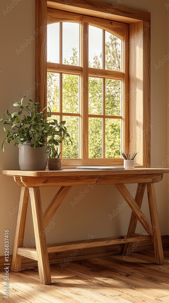Poster fresh and clutter-free desk with a plant adding a touch of nature for a relaxing work environment