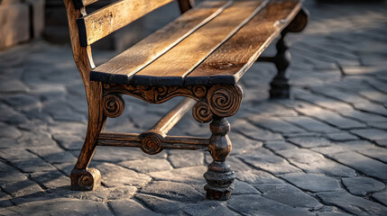 A detailed image of a wooden park bench at daytime