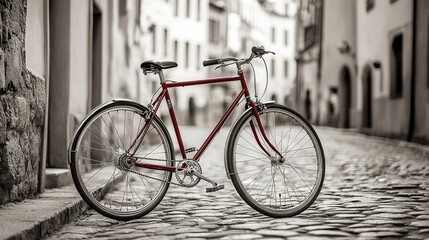 Retro red bicycle by a cobblestone wall, black and white tones evoke timeless nostalgia.
