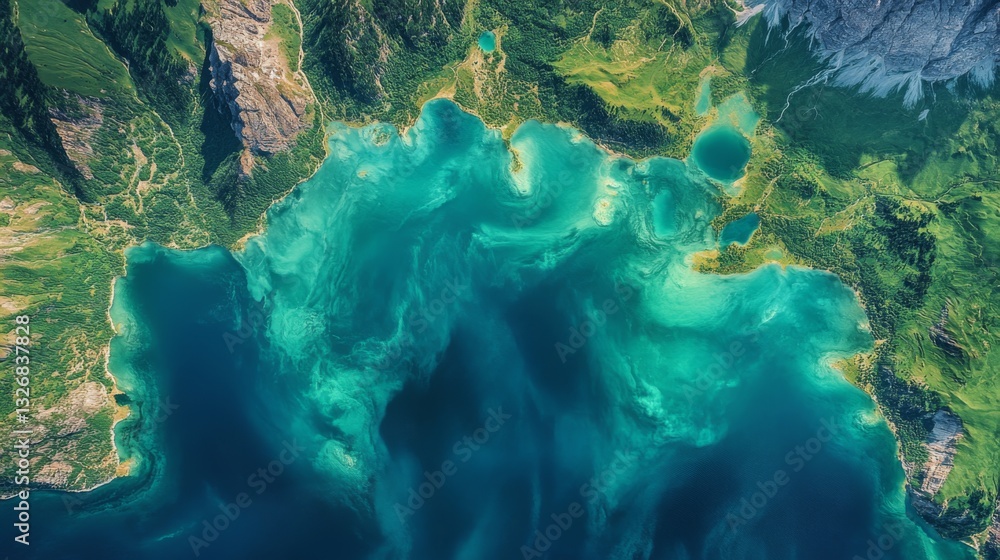 Poster vibrant coastal waters are observed from a satellite perspective, showcasing swirling patterns and c