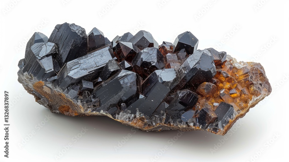 Poster mineral specimen of cassiterite on a white isolated background with clean lines and high quality res