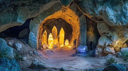 Illuminated Crystals in Cave Formation Displaying Geological Wonder and Natural Beauty