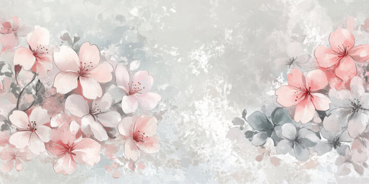A delicate illustration of sakura blossoms in a traditional Japanese style, rendered in soft pink and grey pastel watercolors. A serene and refined atmosphere with gentle hues and flowing lines.