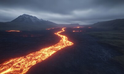 Lava flows through a dark landscape under a cloudy sky, highlighting the power of nature.