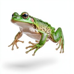 Obraz premium Green frog in mid leap against a white background. The frog's skin is smooth with some textured details, its eyes are prominent and dark. The lighting is bright and even.