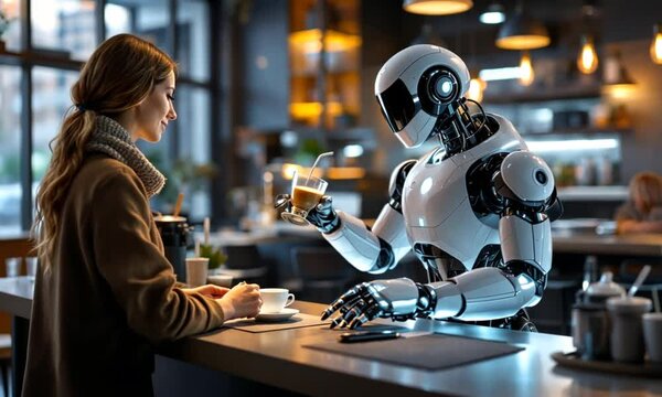 Robot barista serves coffee to woman in cafe (1)