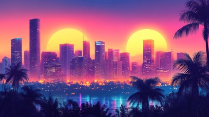Miami Skyline Sunset Retro Vibes