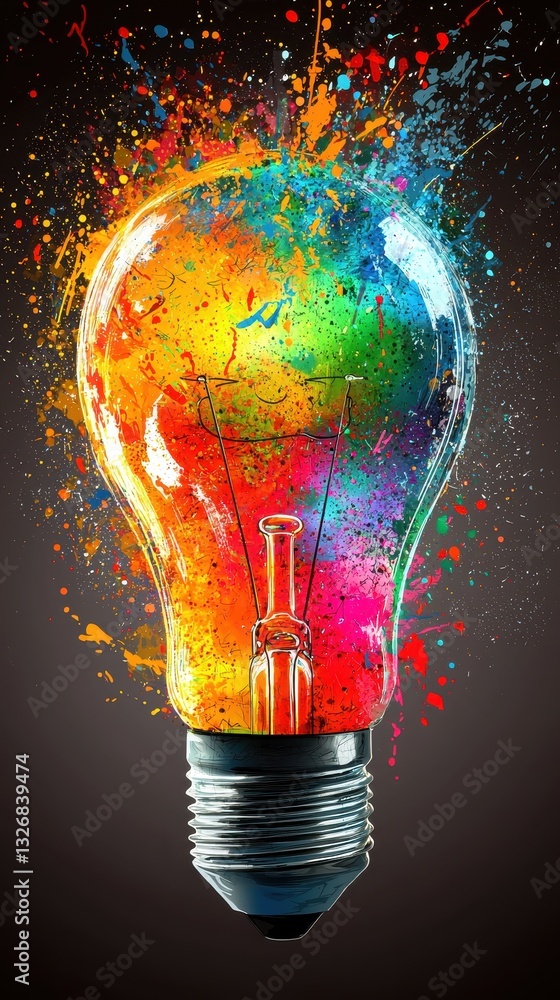 Poster creative brainstorming concept illustrated by a light bulb with colorful paint splattering in dynami