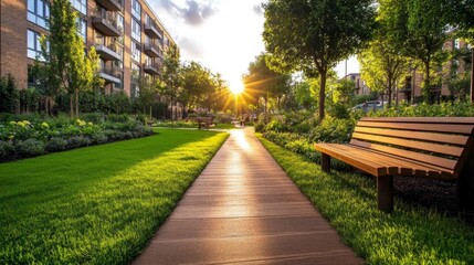 Naklejka premium Serene path with benches flowers and greenery under bright sunlight in a park. Generative AI
