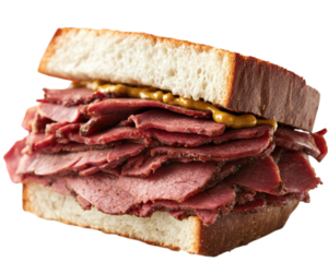 delicious beef pastrami sandwich stacked high with thinly sliced meat and mustard, perfect for hearty meal